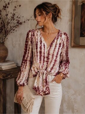 Love Stitch Boho Tie Dye Front Tie Blouse Boutique Chic Top